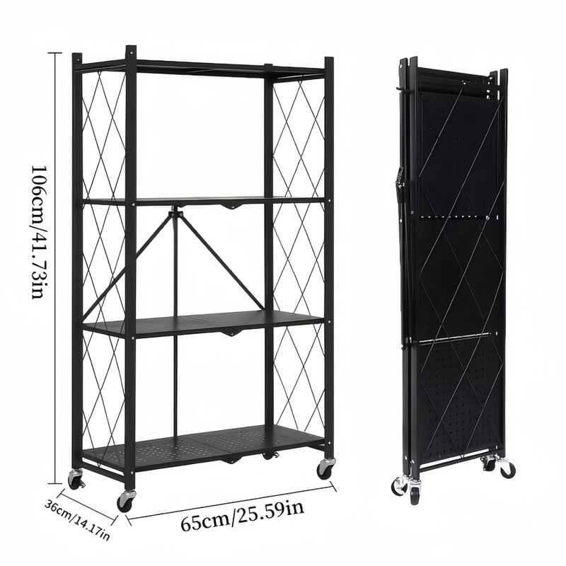 Howcool 4-Tier Heavy Duty Metal Rack Foldable Shelf Organizer, Kitchen Storage Cart with Lockable Wheel