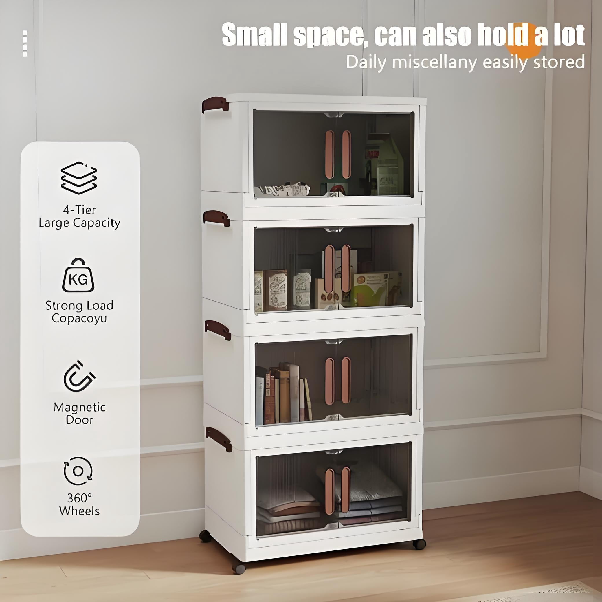 Howcool 4 Tier Stackable Storage Bins with Lids and Wheels, Foldable Storage Boxes with Rolling Casters, Closet, Living Room, Home Office
