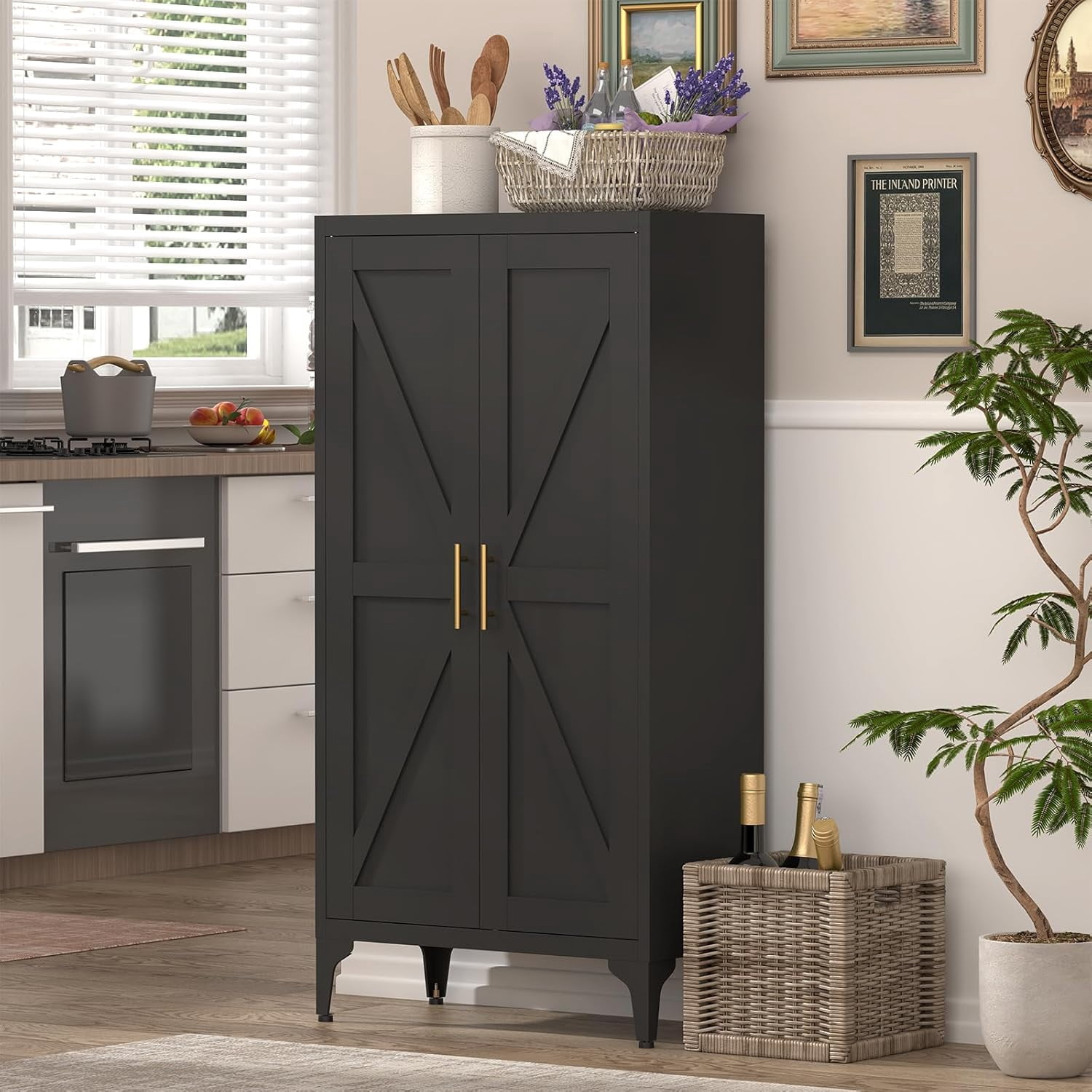 Howcool 48" 2-Door Steel Storage Cabinet with Adjustable Shelves for Kitchen Living Room Office, Black