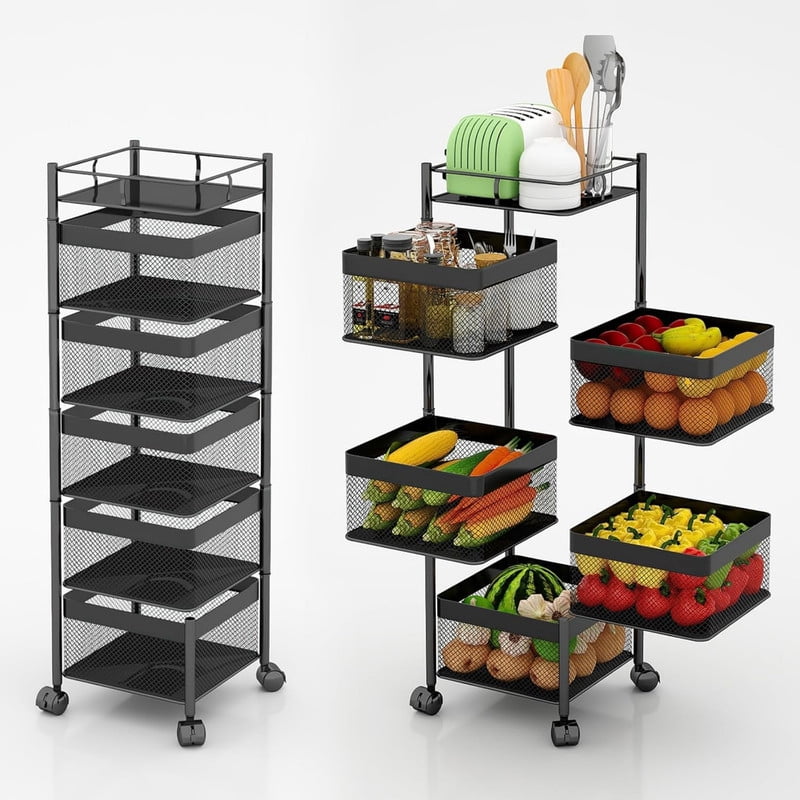 Howcool 5-Layer Metal Rolling Cart with Wheels, Kitchen Vegetable Storage Rack with Rotating Mesh Baskets