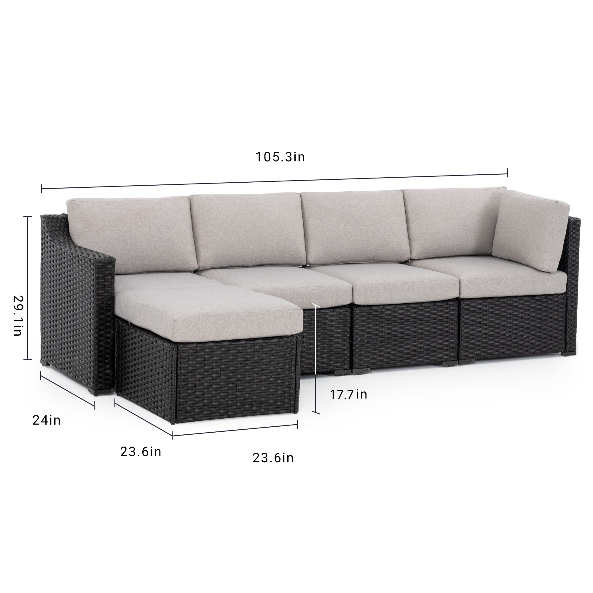 Howcool 5-Piece All-Weather Outdoor PE Wicker Conversation Set, Sectional Sofa with 4" Thick Cushions, Curved Armrests and Tempered Glass Coffee Table