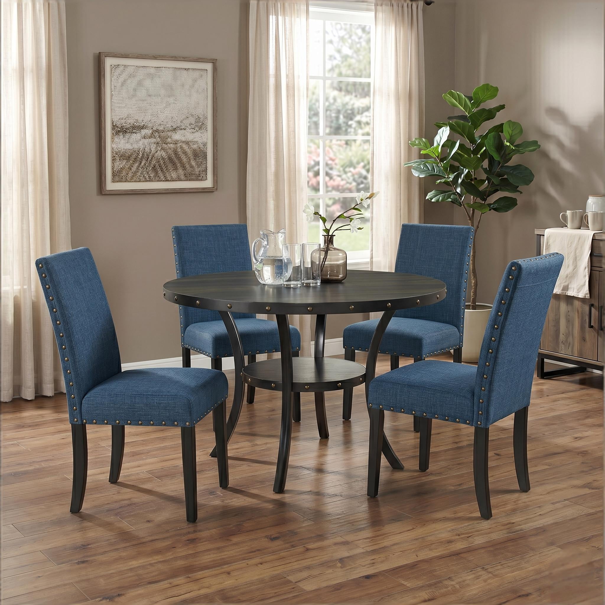 Howcool 5-Piece Espresso Wood Round Dining Set, 4 Upholstered Fabric Nailhead Trim Chairs with Lower Storage Shelf for Kitchen & Dining Room