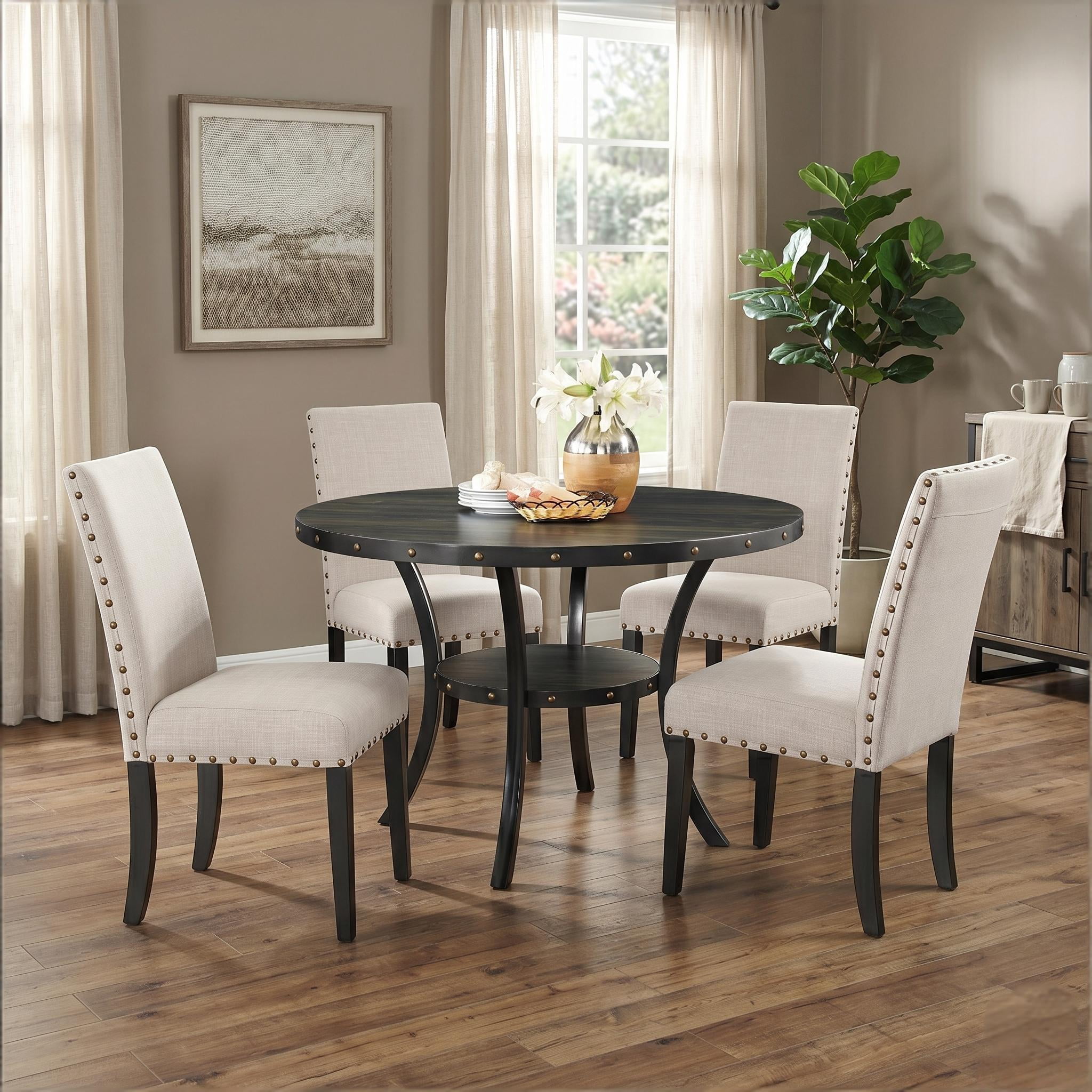 Howcool 5-Piece Espresso Wood Round Dining Set, 4 Upholstered Fabric Nailhead Trim Chairs with Lower Storage Shelf for Kitchen & Dining Room