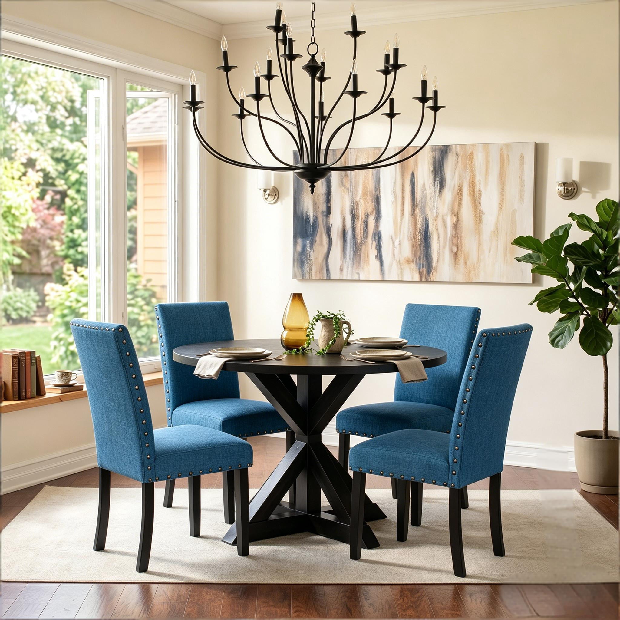 Howcool 5-Piece Round Cross-Buck Dining Table Set, Solid Rubberwood Base with 4 Velvet Upholstered Chic Chairs, Dark Black Finish for Kitchen & Dining Room