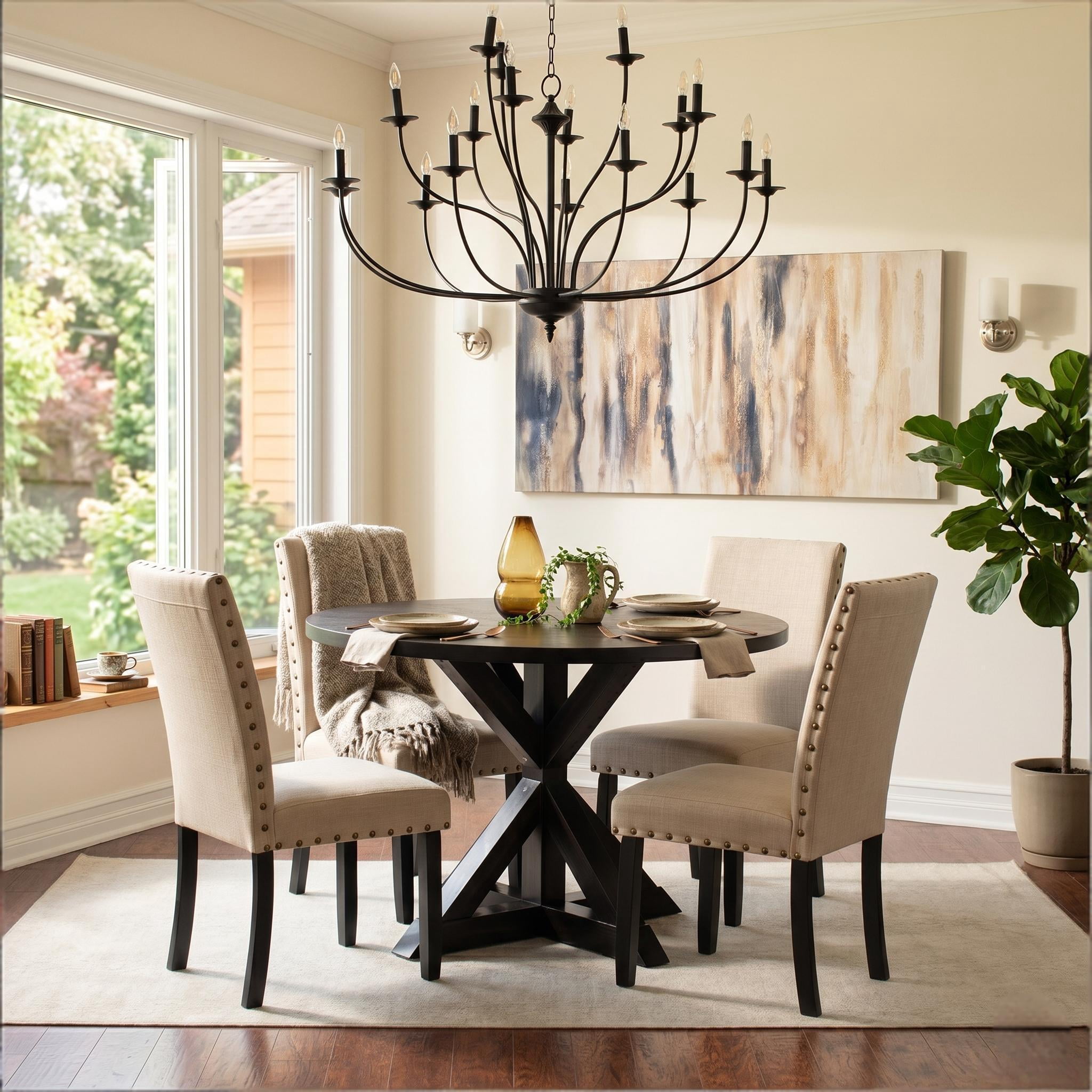 Howcool 5-Piece Round Cross-Buck Dining Table Set, Solid Rubberwood Base with 4 Velvet Upholstered Chic Chairs, Dark Black Finish for Kitchen & Dining Room