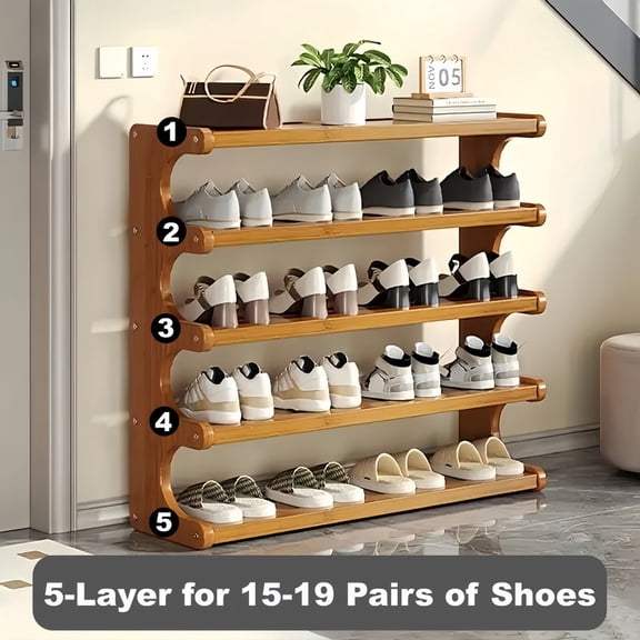 Howcool 5-Tier Bamboo Shoe Rack, Tall Shoes Organizer, Freestanding Storage Shelf