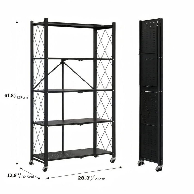 Howcool 5-Tier Heavy Duty Metal Rack Foldable Shelf Organizer, Kitchen Storage Cart with Lockable Wheel