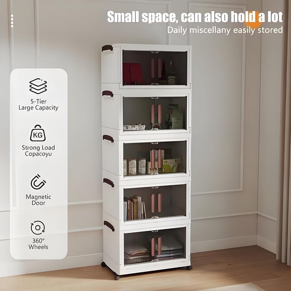Howcool 5 Tier Stackable Storage Bins with Lids and Wheels, Foldable Storage Boxes with Rolling Casters, Closet, Living Room, Home Office