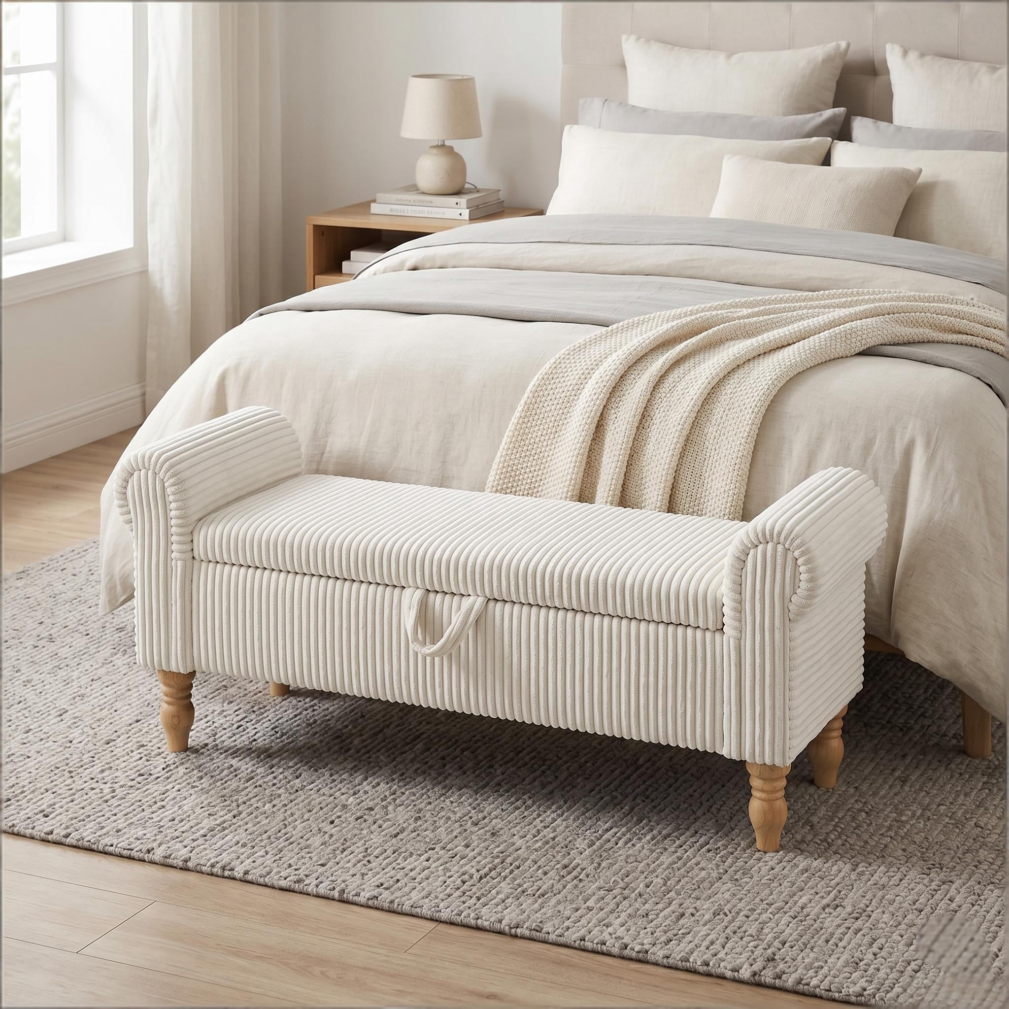 Howcool 51.5" Corduroy Storage Ottoman Bench, Upholstered End of Bed Bench for Bedroom Living Room Entryway Window Seat（White）