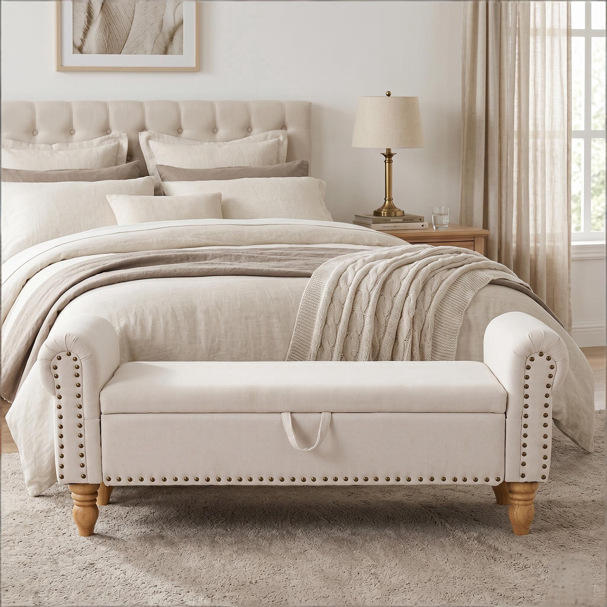 Howcool 51.5" Linen Storage Ottoman Bench, Upholstered End of Bed Bench for Bedroom Living Room Entryway Window Seat（Beige）