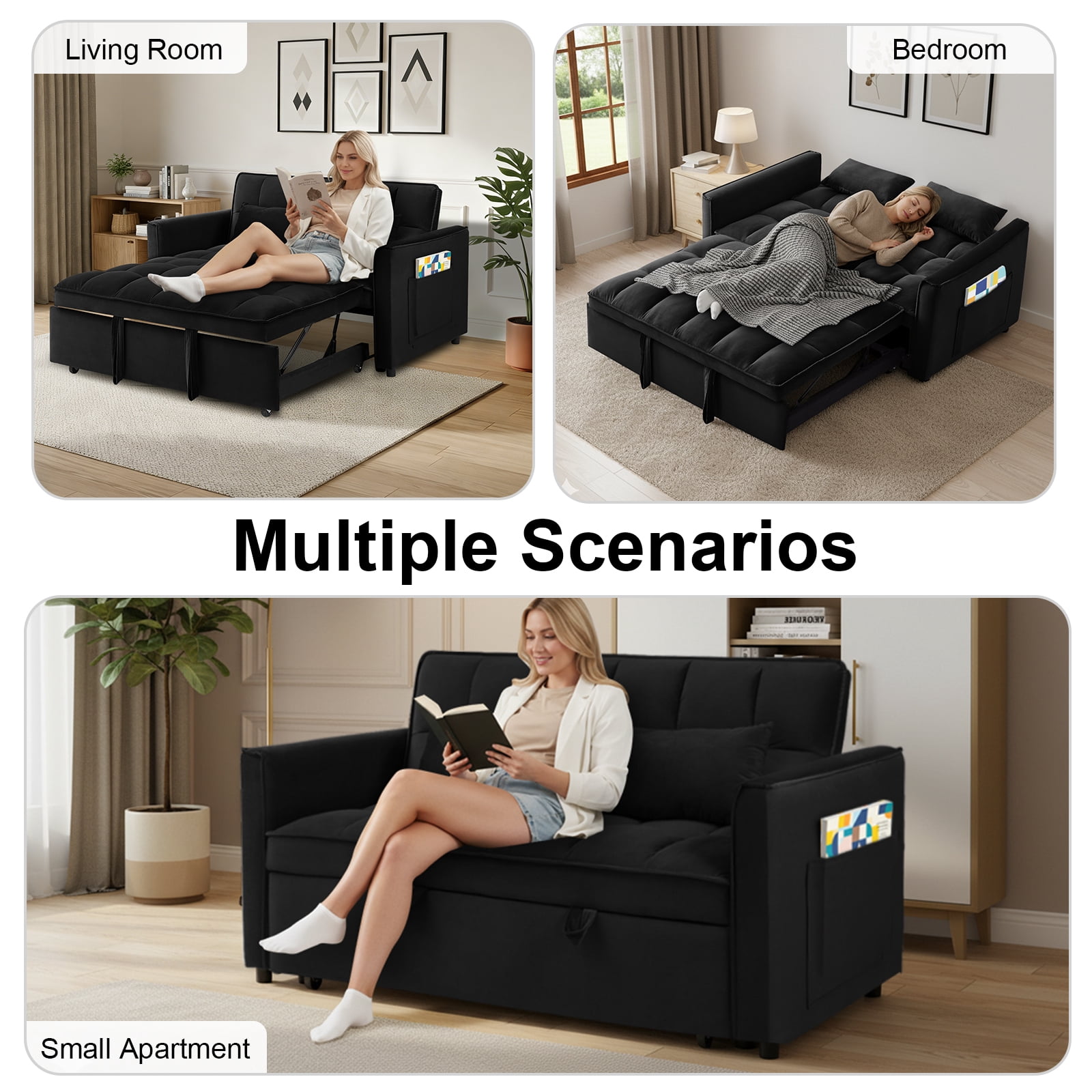 Howcool 55" 3-in-1 Convertible Sleeper Sofa Bed, Pull Out Loveseat, Velvet Adjustable Backrest Couch with Storage Pocket, Small Space Apartment Sofa for Living Room Bedroom,Black