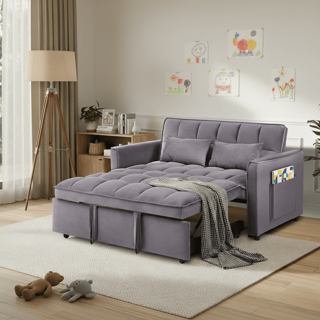 Howcool 55" 3-in-1 Convertible Sleeper Sofa Bed, Pull Out Loveseat Couch with Storage Pocket, Velvet Upholstery, Space-Saving Design for Living Room & Apartment, Dark grey