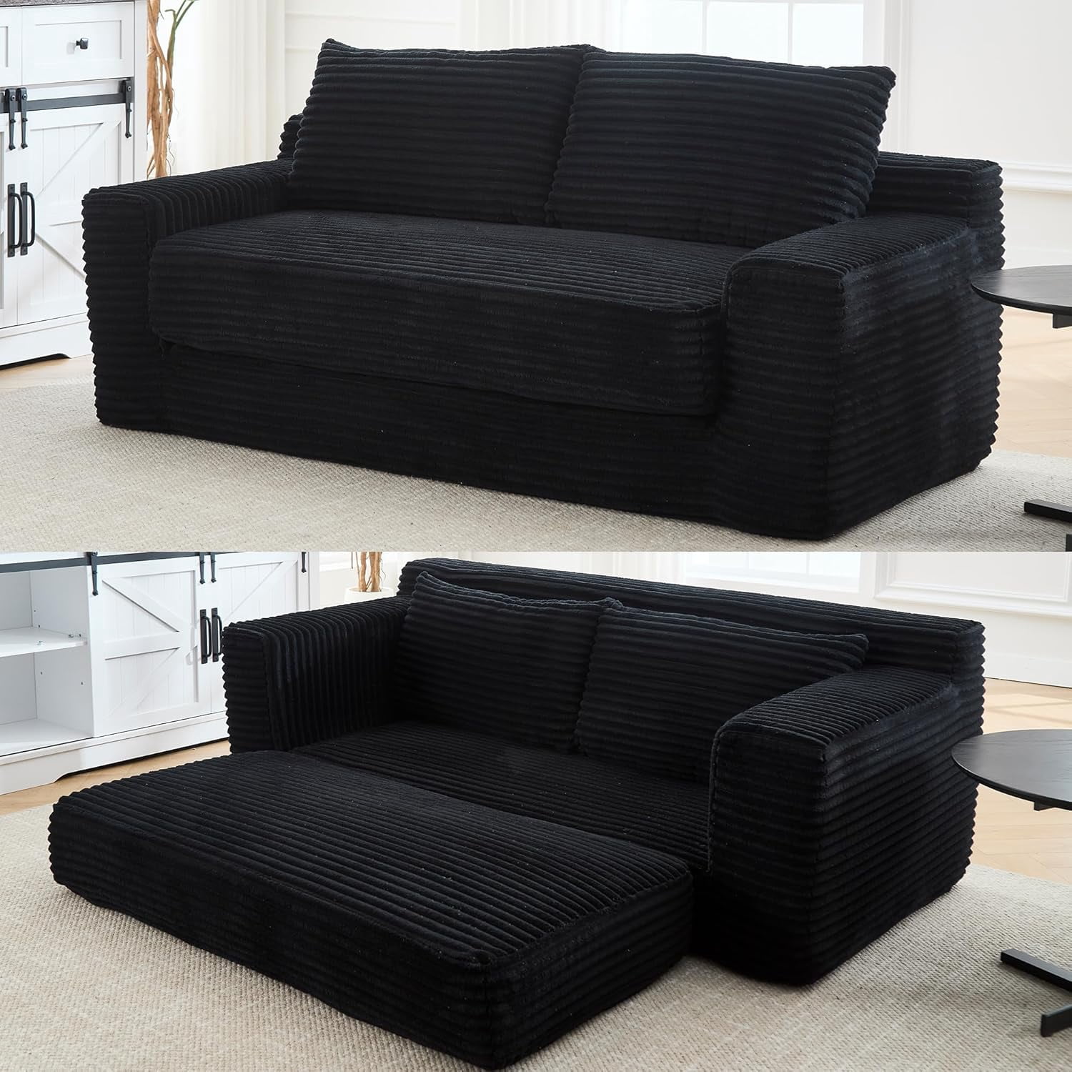 Howcool 71" Boneless Loveseat Sleeper Sofa,2 in 1 Pull Out Convertible Corduroy Floor Couch with Side Storage Pockets & 2 Throw Pillows,Foldable Guest Couch for Living Room,No Assembly Required,Black