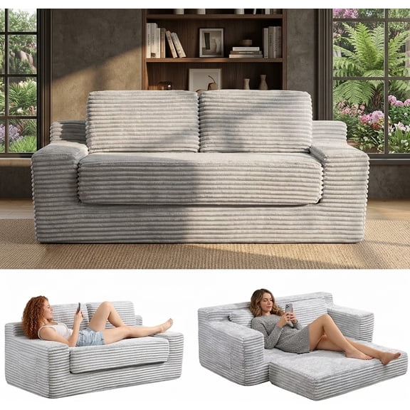 Howcool 71" Boneless Loveseat Sleeper Sofa,2 in 1 Pull Out Convertible Corduroy Floor Couch with Side Storage Pockets & 2 Throw Pillows,Foldable Guest Couch for Living Room,No Assembly Required,Grey