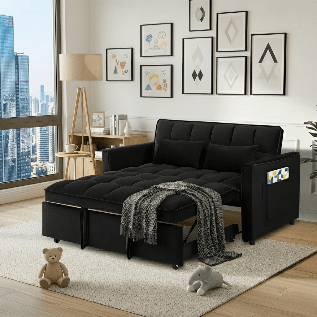 Howcool 55" 3 in 1 Convertible Sleeper Sofa Bed, Pull Out Loveseat Couch with Storage Pocket,Black