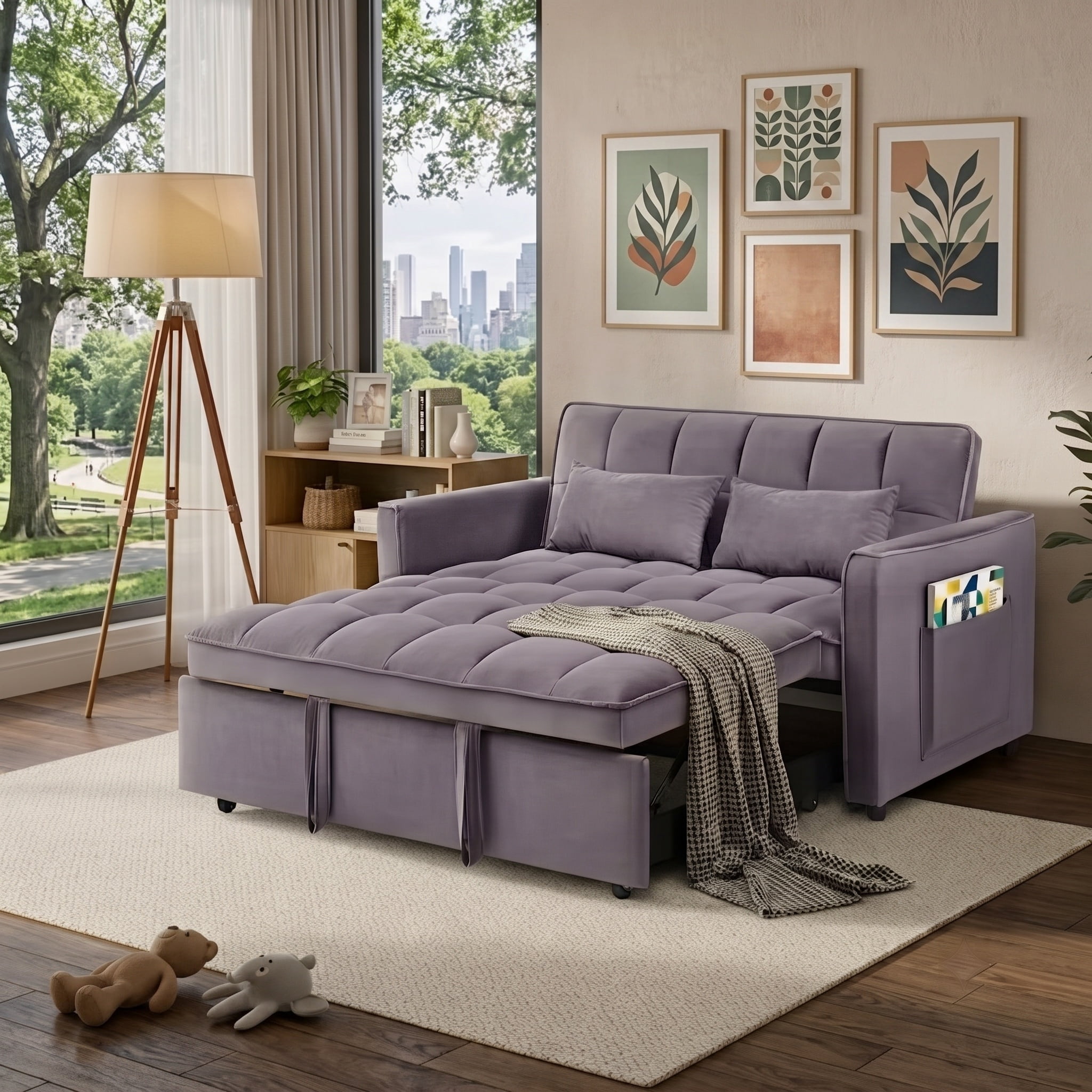 Howcool 55" 3 in 1 Convertible Sleeper Sofa Bed, Pull Out Loveseat Couch with Storage Pocket, Dark grey
