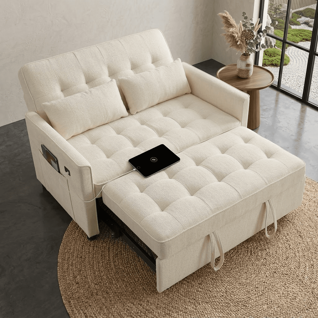 Howcool 55" Sleeper Sofa Bed, 3-in-1 Pull Out Convertible Loveseat Couch with 5-Level Adjustable Backrest, USB Port & Side Pocket, Terry Fabric Sofa for Living Room, Bedroom & Small Spaces,Beige