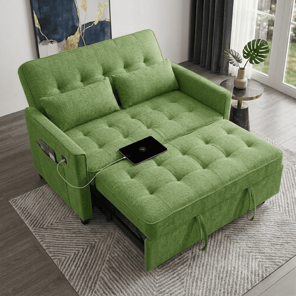 Howcool 55" Sleeper Sofa Bed, 3-in-1 Pull Out Convertible Loveseat Couch with 5-Level Adjustable Backrest, USB Port & Side Pocket, Terry Fabric Sofa for Living Room, Bedroom & Small Spaces,Green
