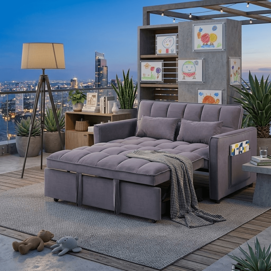Howcool 55" 3 in 1 Convertible Sleeper Sofa Bed, Pull Out Loveseat Couch with Storage Pocket, Dark grey