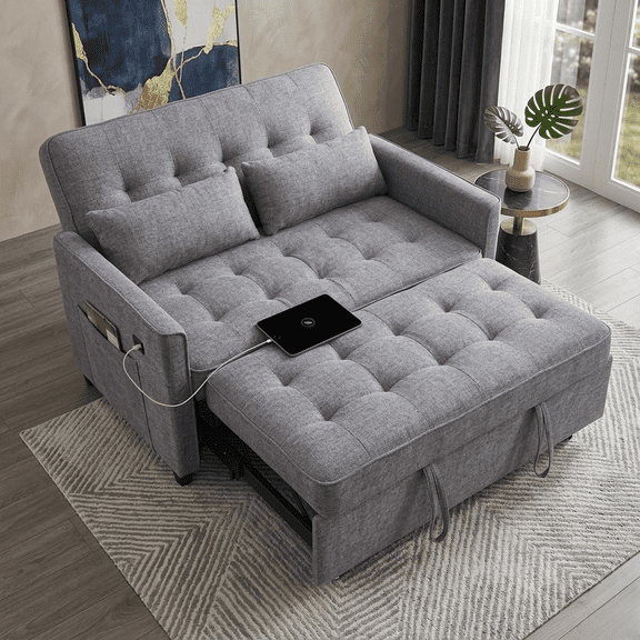 Howcool 55" Sleeper Sofa Bed, 3-in-1 Pull Out Convertible Loveseat Couch with 5-Level Adjustable Backrest, USB Port & Side Pocket, Terry Fabric Sofa for Living Room, Bedroom & Small Spaces,Light Grey