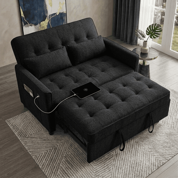 Howcool 55" Sleeper Sofa Bed, 3-in-1 Pull Out Convertible Loveseat Couch with 5-Level Adjustable Backrest, USB Port & Side Pocket, Terry Fabric Sofa for Living Room, Bedroom & Small Spaces, Black