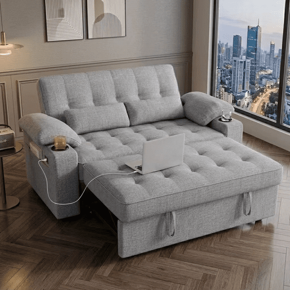 Howcool 58" Convertible Sofa Bed Pull Out Couch Sleeper Loveseat with Teddy Fabric USB Charging Ports Adjustable Backrest Cup Holders and Side Pocket for Living Room Apartment Small Spaces,Light Grey