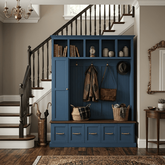 Howcool 59"W Hall Tree with Shoe Storage Bench and 5 Coat Hooks,Freestanding Organizer Cabinet with 5 Drawers,Top Cubbies for Entryway,Mudroom,Navy Blue