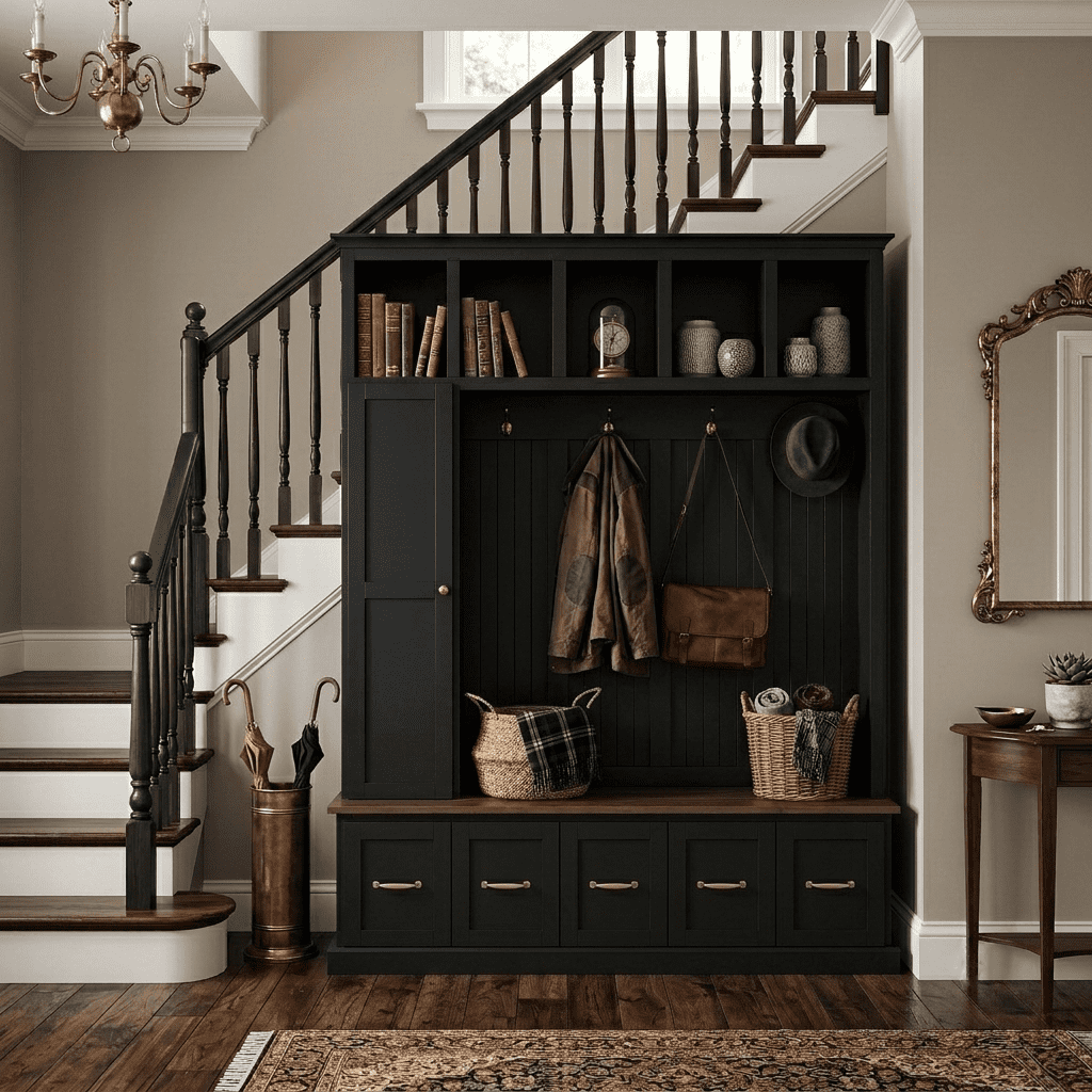 Howcool 59"W Hall Tree with Shoe Storage Bench and 5 Coat Hooks,Freestanding Organizer Cabinet with 5 Drawers,Top Cubbies for Entryway,Mudroom,Black