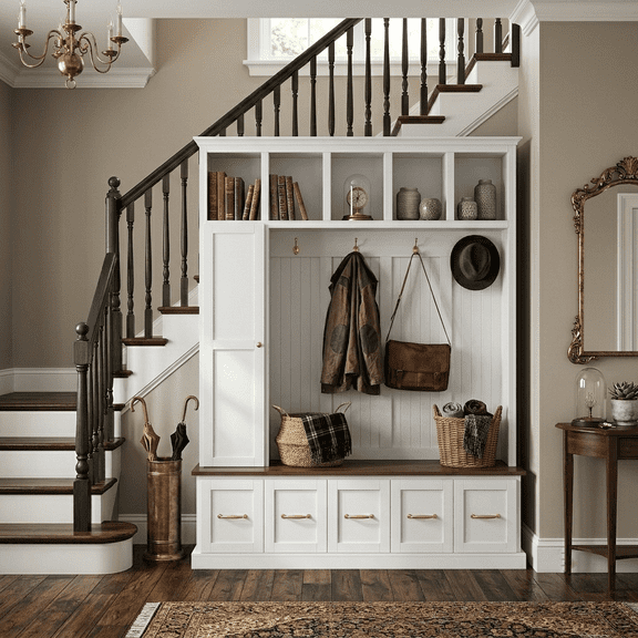 Howcool 59"W Hall Tree with Shoe Storage Bench and 5 Coat Hooks,Freestanding Organizer Cabinet with 5 Drawers,Top Cubbies for Entryway,Mudroom,White