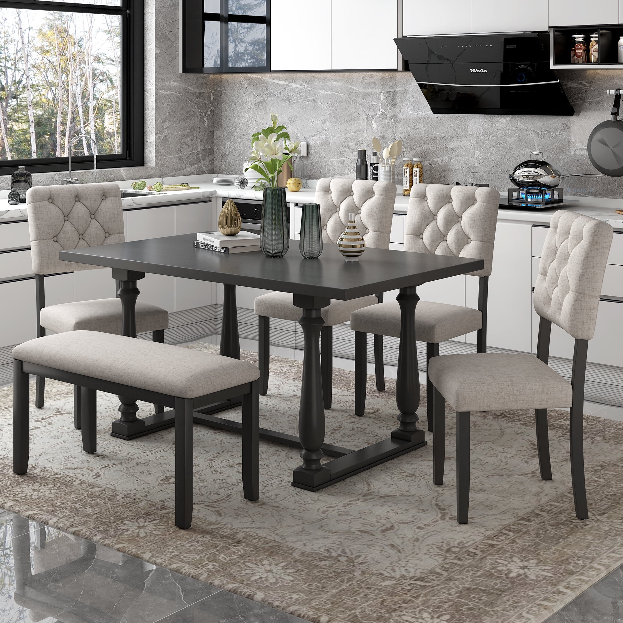 Howcool 6-Piece Dining Room Set, Special-Shaped Legs, Foam Covered Seat Backs & Cushions, Gray