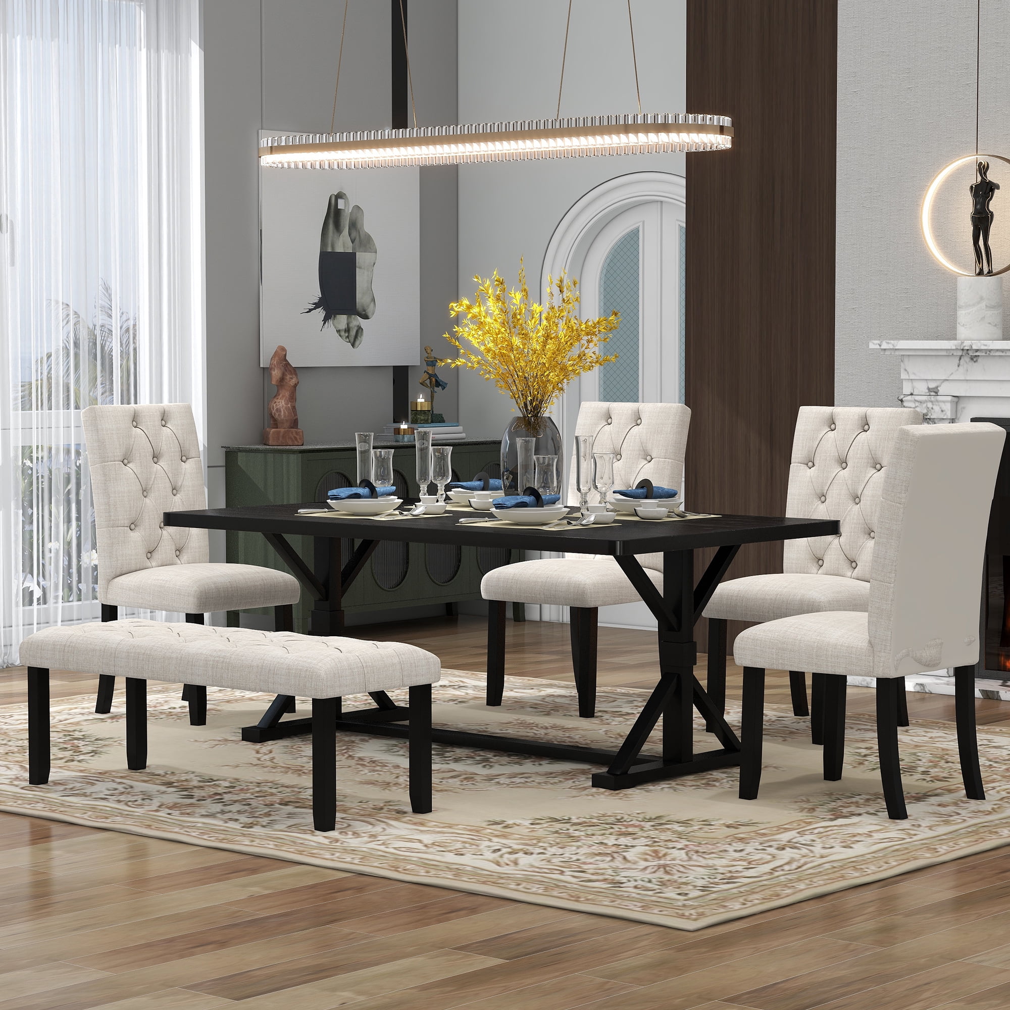 Howcool 6-Piece Farmhouse Dining Set, 72" Rectangular Wood Table, 4 Upholstered Chairs & Bench, Espresso