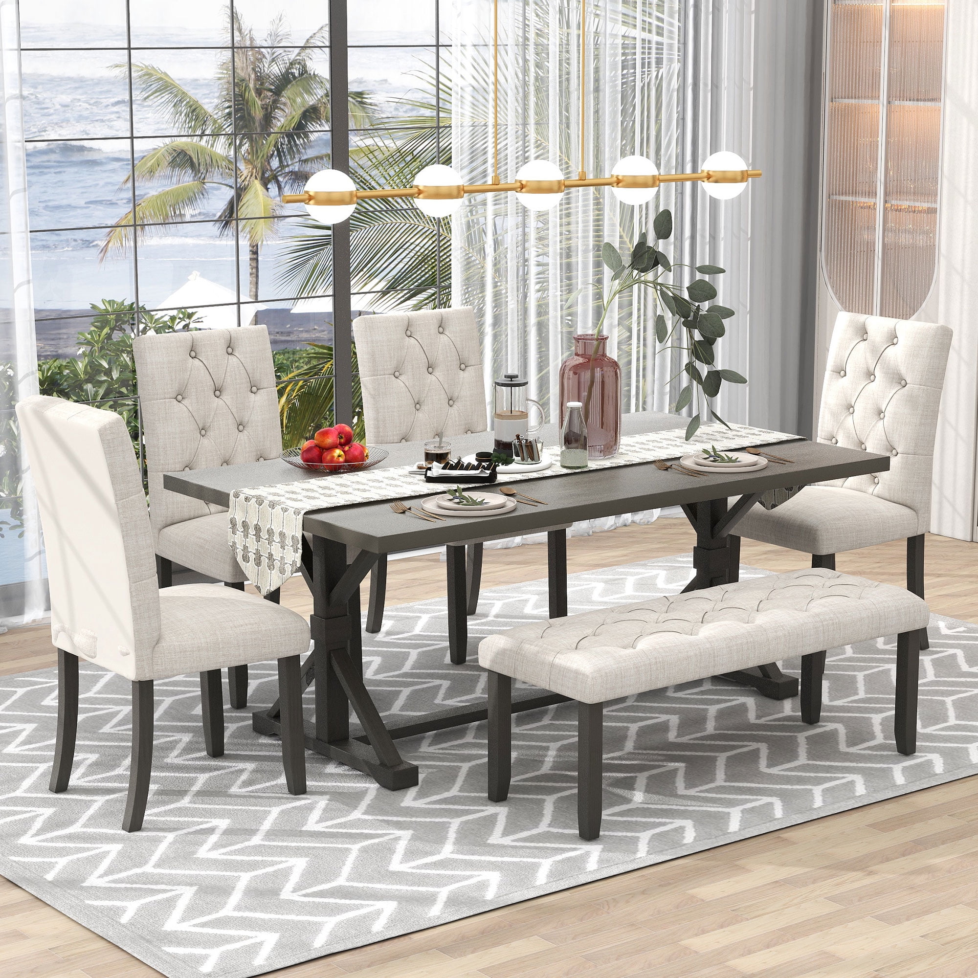 Howcool 6-Piece Farmhouse Dining Set, 72" Rectangular Wood Table, 4 Upholstered Chairs & Bench, Gray
