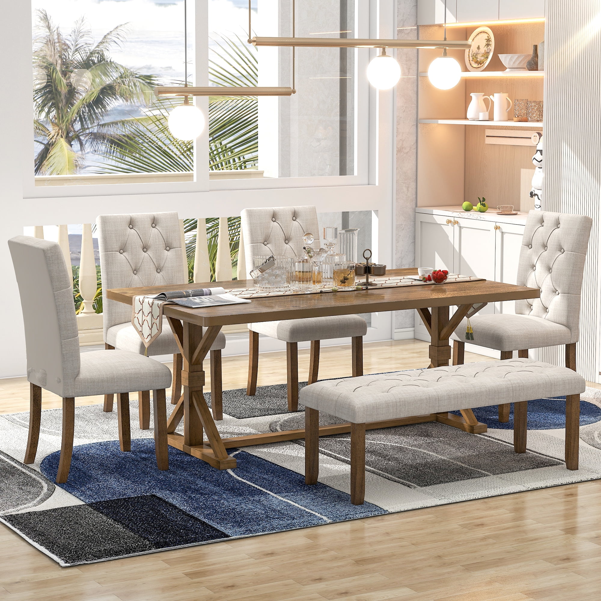 Howcool 6-Piece Farmhouse Dining Set, 72" Rectangular Wood Table, 4 Upholstered Chairs & Bench, Walnut