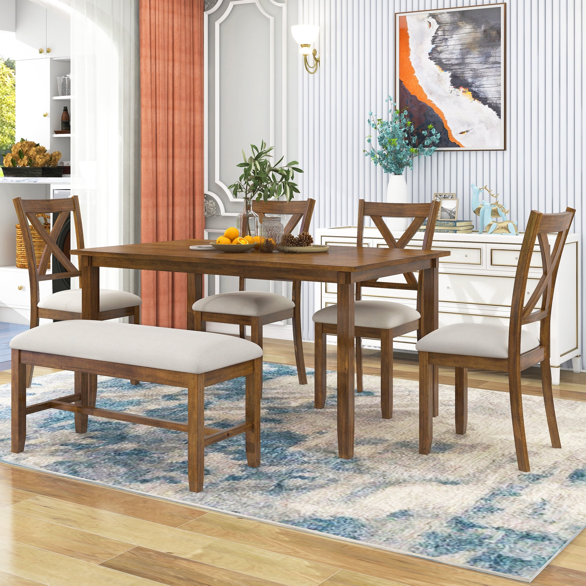Howcool 6-Piece Kitchen Dining Set, Rectangular Wood Table, 4 Fabric Chairs & Bench, Natural Cherry