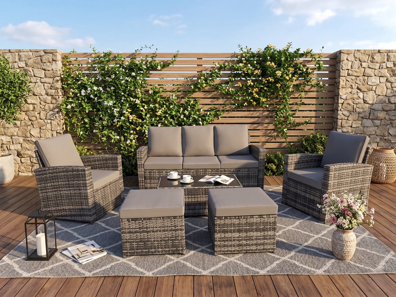 Howcool 6-Piece Patio Furniture Set,Wicker Outdoor Rattan Sectional Sofa with Cushions and Glass Table,All-Weather Outdoor Conversation Set for Garden,Porch,Backyard,Patio,Gray+Gray
