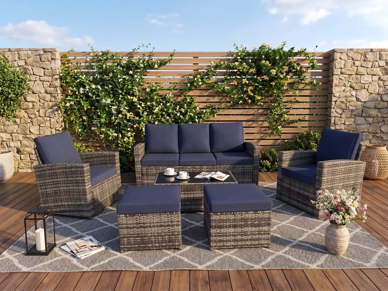 Howcool 6-Piece Patio Furniture Set,Wicker Outdoor Rattan Sectional Sofa with Cushions and Glass Table,All-Weather Outdoor Conversation Set for Garden,Porch,Backyard,Patio,Gray+Blue