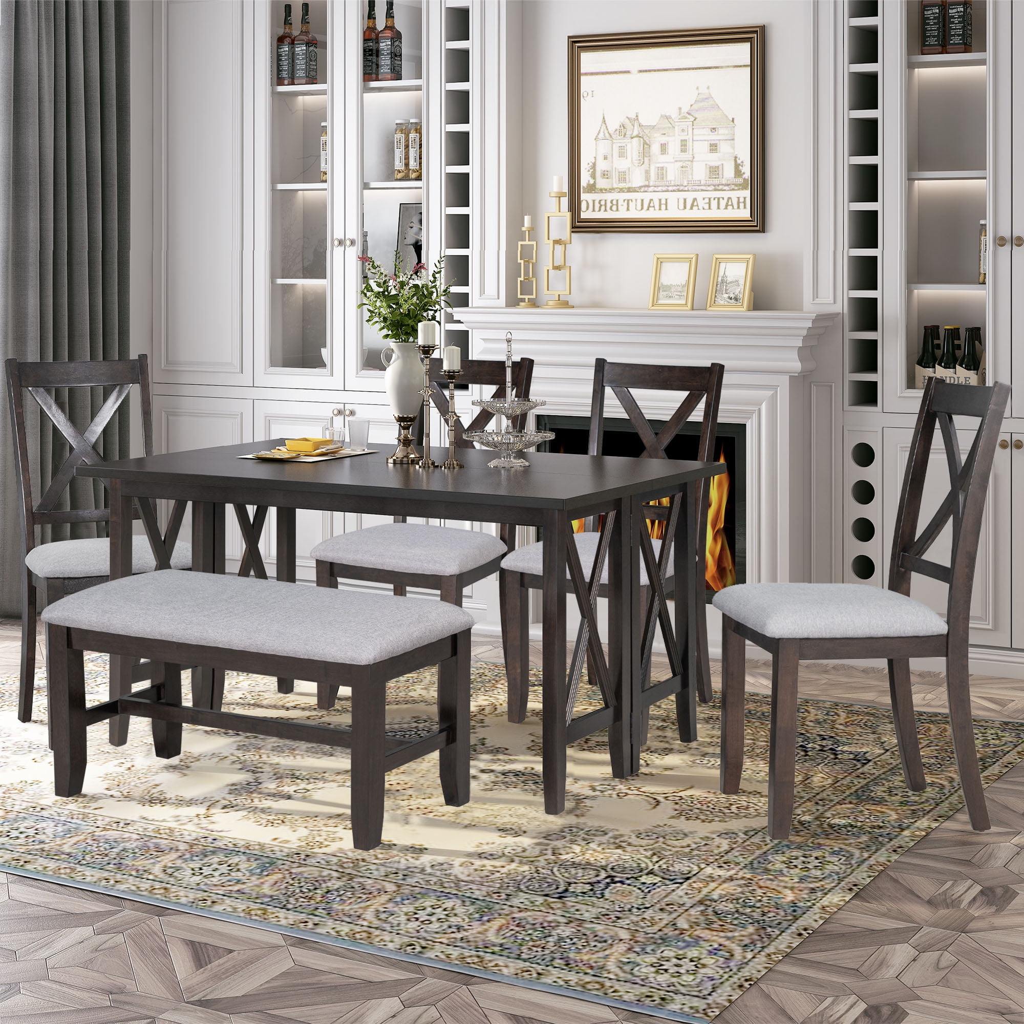 Howcool 6-Piece Solid Wood Dining Set, Space Saving Foldable Table, 4 Chairs & Bench, Espresso