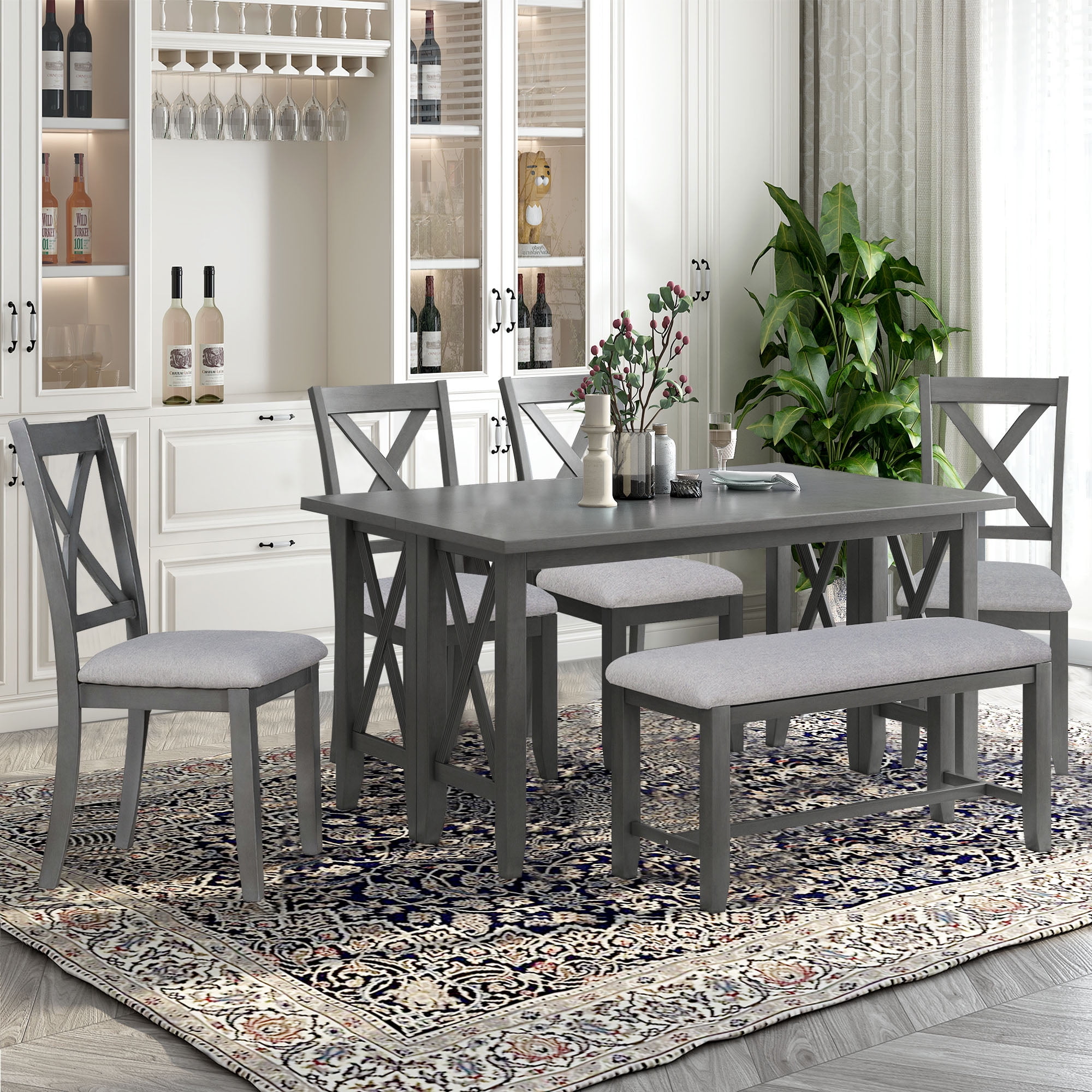 Howcool 6-Piece Solid Wood Dining Set, Space Saving Foldable Table, 4 Chairs & Bench, Gray