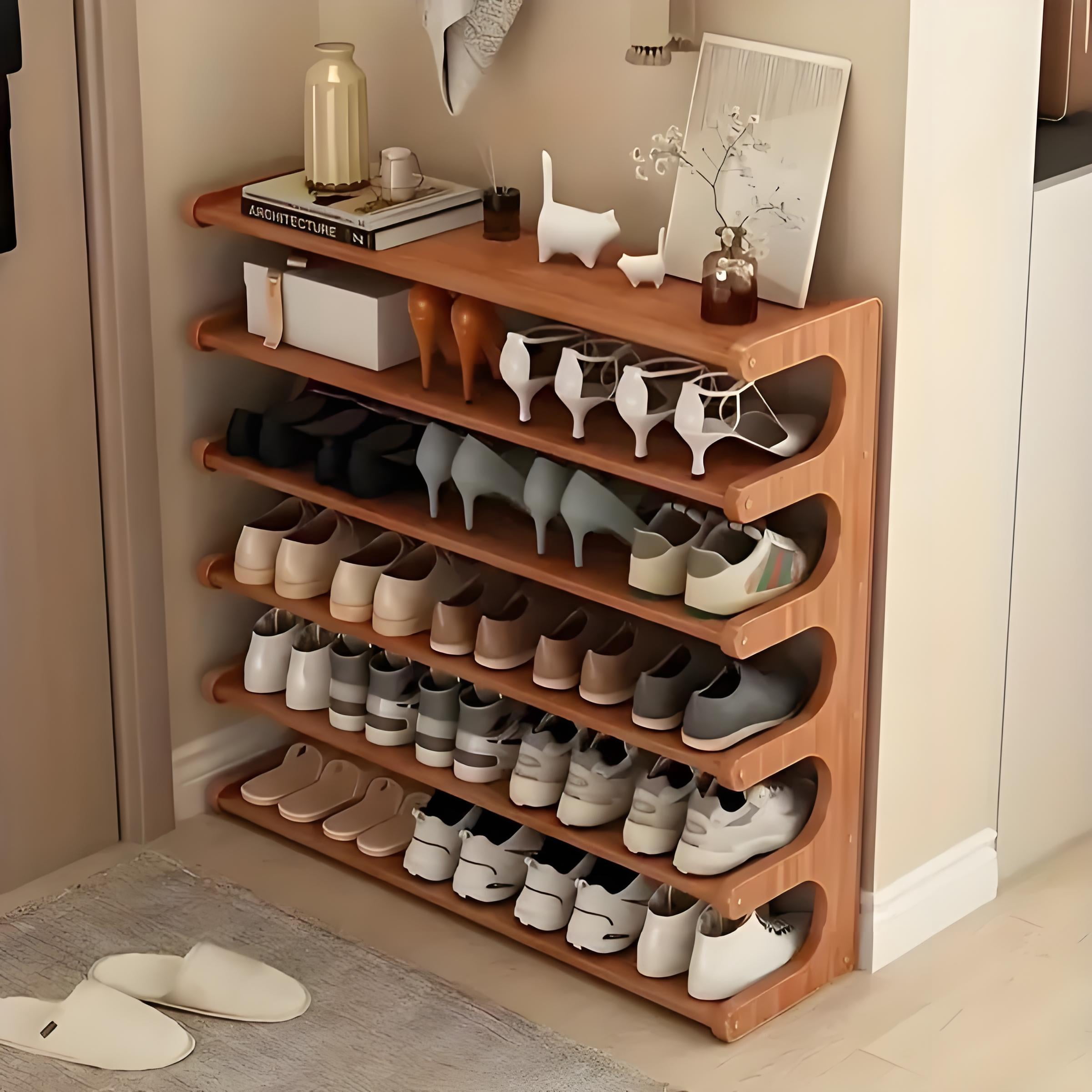 Howcool 6 Tier Bamboo Shoe Rack, Free Standing Shoe Storage Organizer with Wood Grain Finish, Space Saving Multi-Layer Shoe Shelf for Entryway Hallway Closet, Easy to Assemble