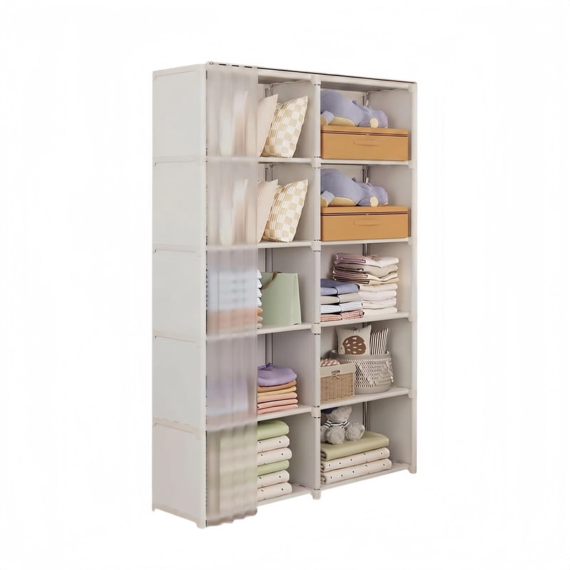 Howcool 61''H Dustproof 5-Tier Simple Closet Cabinet with Plastic Curtain, 10-Cubby Storage Rack, Shelf Organizer Unit