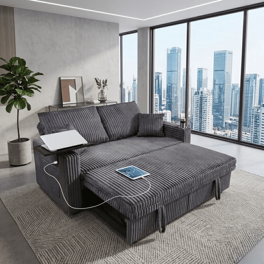 Howcool 65" 3-in-1 Convertible Sleeper Sofa Bed, Corduroy Pull Out Loveseat Futon Couch with Cup Holders & USB Charging Ports for Living Room Apartment, Dark Grey