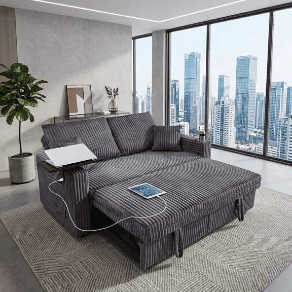 Howcool 65" 3-in-1 Convertible Sleeper Sofa Bed, Corduroy Pull Out Loveseat Futon Couch with Cup Holders & USB Charging Ports for Living Room Apartment, Dark Grey