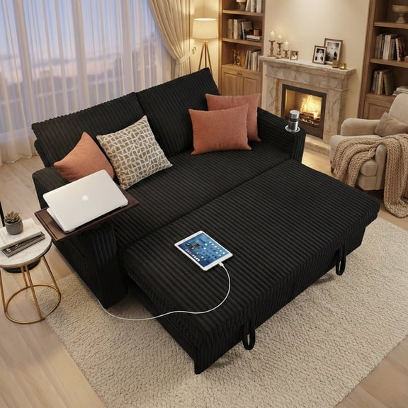 Howcool 65" 3-in-1 Convertible Sleeper Sofa Bed, Pull Out Loveseat Couch with USB Ports, Cup Holders & Adjustable Backrest for Apartment, Office, Living Room,Black