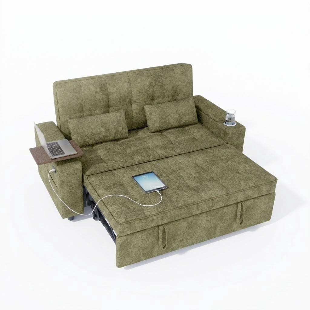 Howcool 65" Sleeper Sofa Bed, 3-in-1 Convertible Pull Out Couch Bed with Tray Table & Cup Holders, Chenille Loveseat Sofa with Adjustable Backrest for Living Room, Apartment(Green)