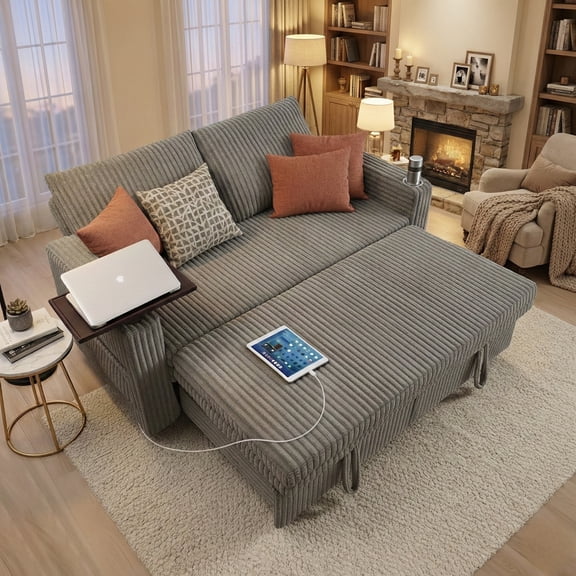 Howcool 65" 3-in-1 Convertible Sleeper Sofa Bed, Pull Out Loveseat Couch with USB Ports, Cup Holders & Adjustable Backrest for Apartment, Office, Living Room,Dark grey