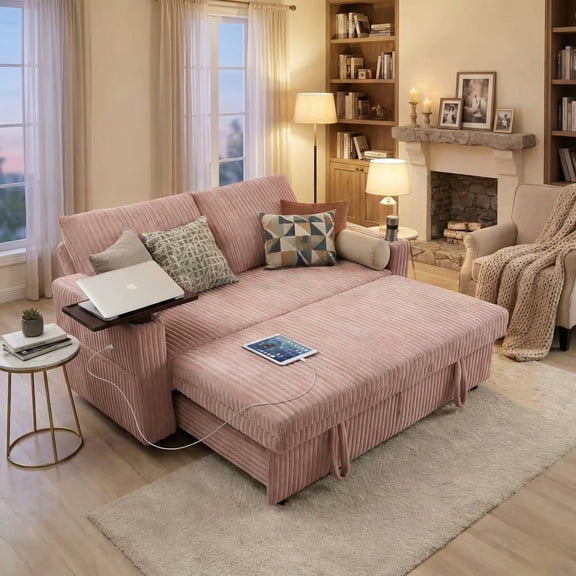 Howcool 65" 3-in-1 Convertible Sleeper Sofa Bed, Pull Out Loveseat Couch with USB Ports, Cup Holders & Adjustable Backrest for Apartment, Office, Living Room,Pink