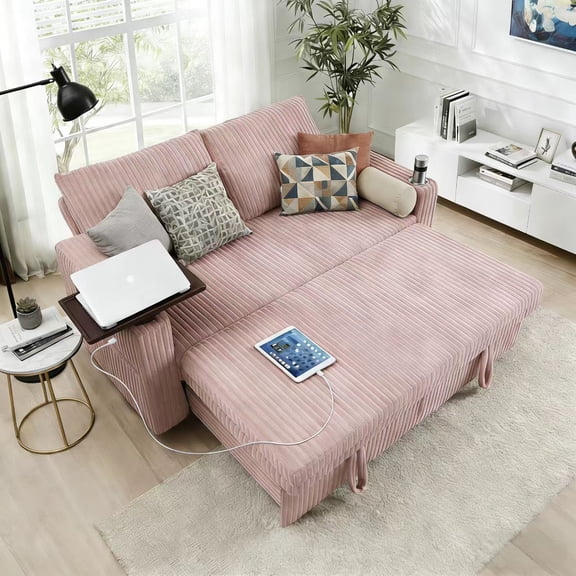 Howcool Convertible Sleeper Sofa Bed, 65" 3-in-1 Pull Out Couch with Reversible Cushions, Loveseat with USB Ports & Cup Holders for Apartment Office.Pink