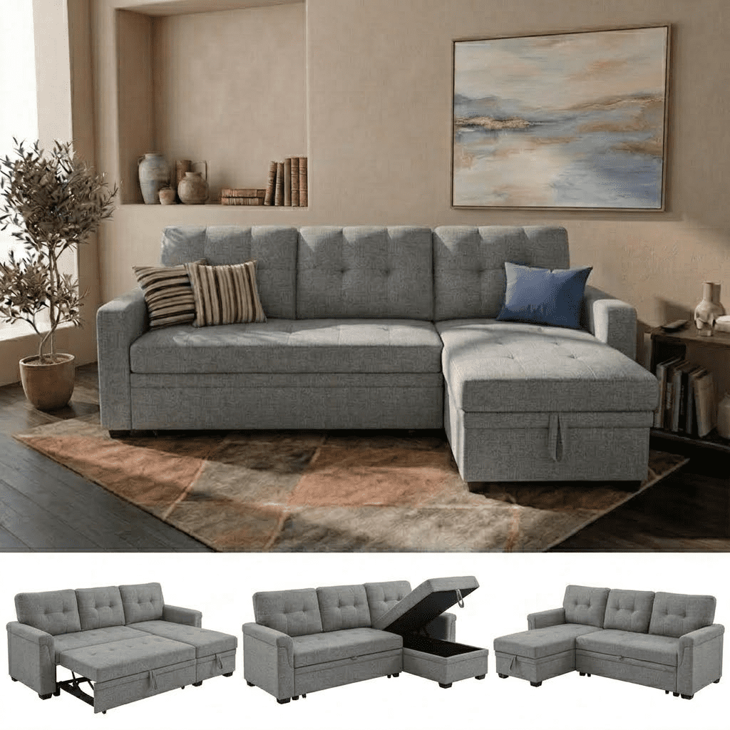 Convertible Sleeper Sofa Bed, 86" L Shaped Sectional Couch Pull Out Bed Reversible Storage Chaise Compact Linen Sofa Small Space Apartment Living Room,Gray