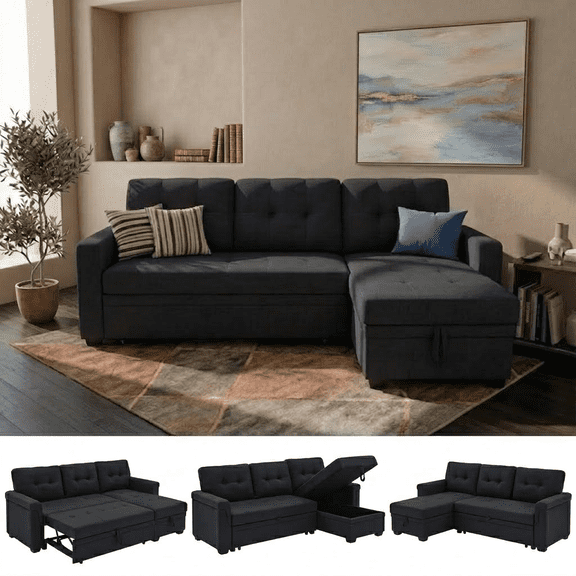 Convertible Sleeper Sofa Bed, 86" L Shaped Sectional Couch Pull Out Bed Reversible Storage Chaise Compact Linen Sofa Small Space Apartment Living Room,Black