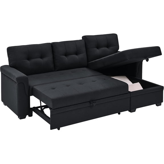 Convertible Sleeper Sofa Bed, 86" L Shaped Sectional Couch Pull Out Bed Reversible Storage Chaise Compact Linen Sofa Small Space Apartment Living Room,Black
